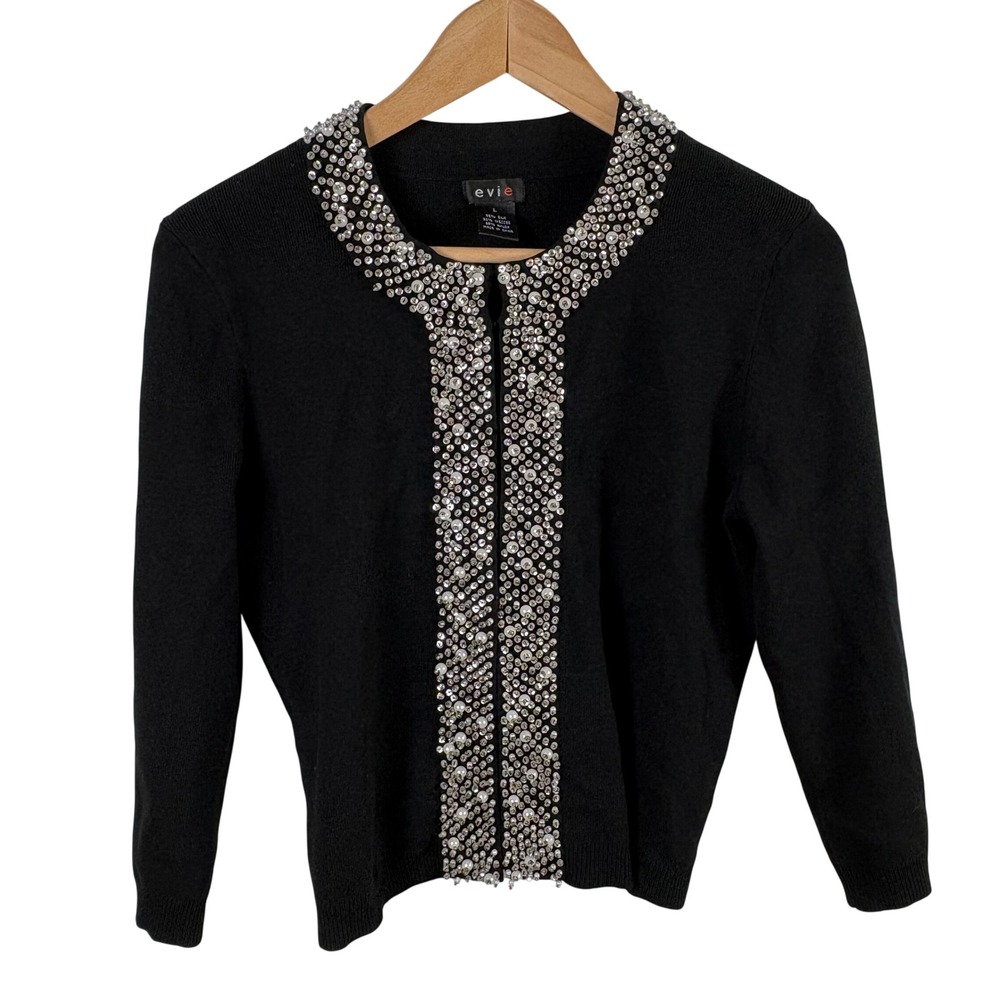 Evie Black Beaded Cardigan 3/4 Sleeve Womens L (Fits‎ Like M) Eveningwear Formal